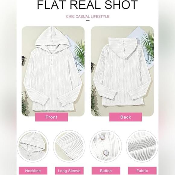 NWT Evaless Textured V Neck Lightweight Pullover Hoodie, White, Medium - Picture 3 of 4